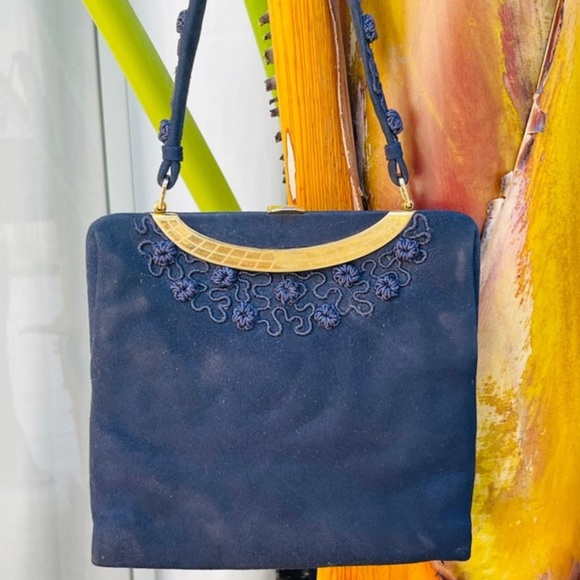 Loewe Navy Suede Handbag Vintage 1960s Purse Evening Bag - Picture 6 of 10